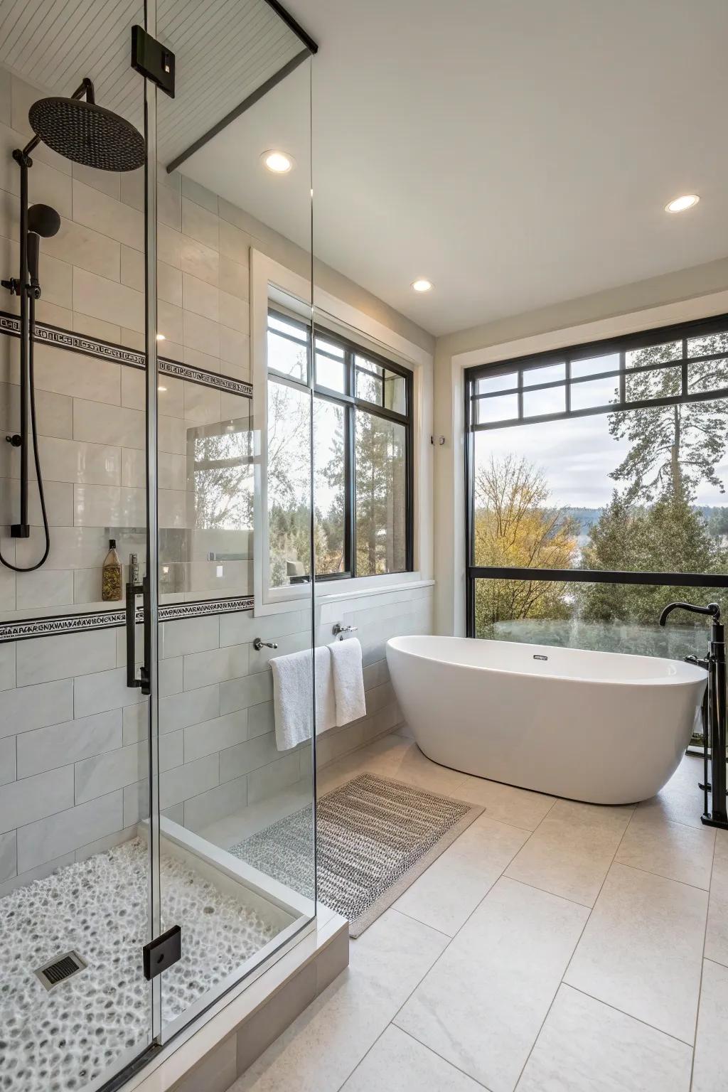 A standalone tub heightens the lavish atmosphere of this curbless shower.
