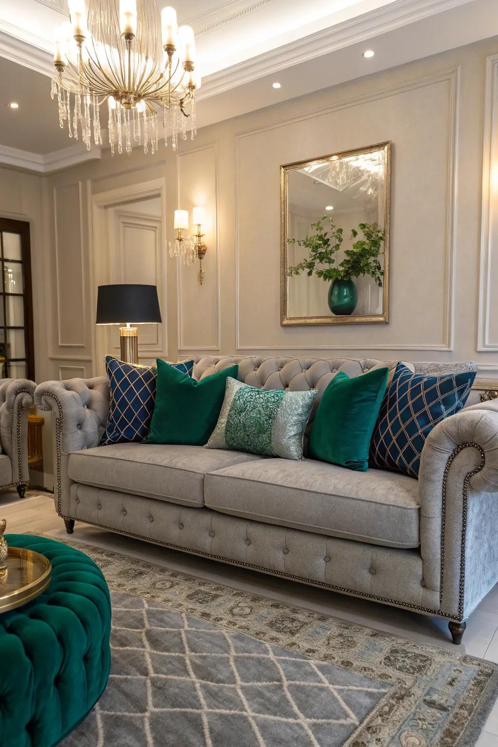 Jewel tones contribute a hint of luxury and flair to a grey sofa.
