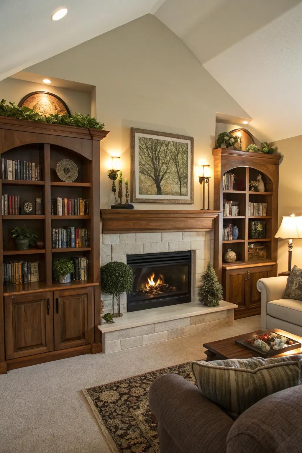 A fireplace with integrated shelving adds both style and functionality.