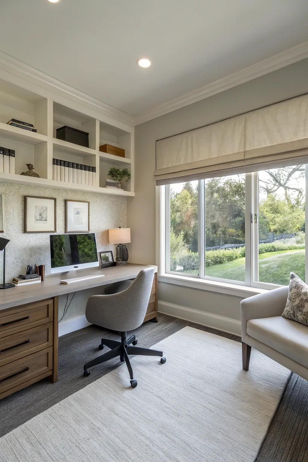 Achieve a sleek look in your home office with flat valances.