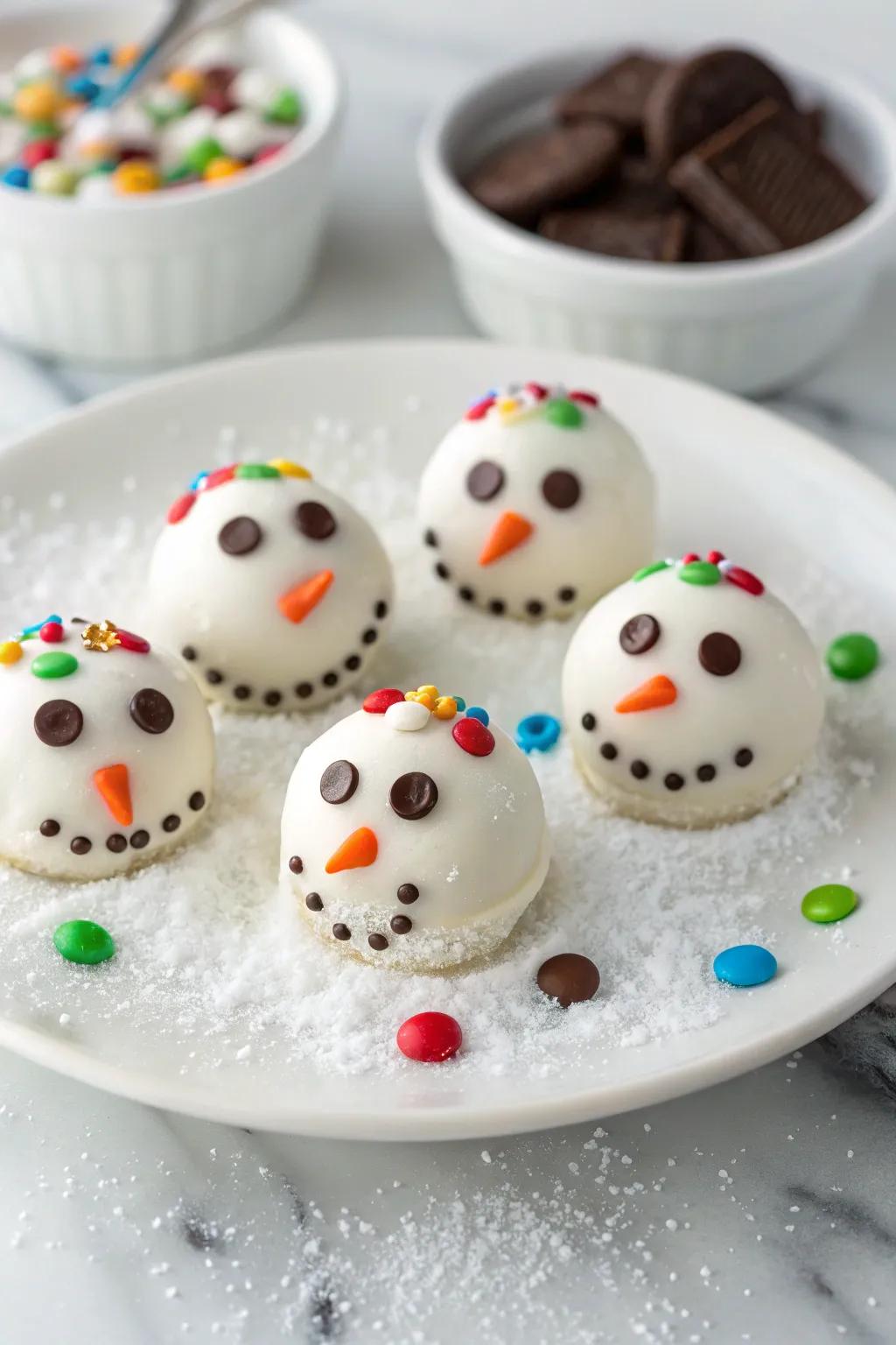Lovable snowman chocolate balls which are nearly too lovely to eat.
