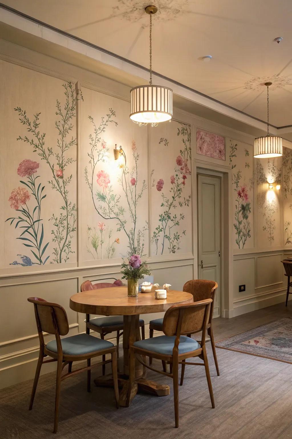 Soft florals imbuing calmness into the dining space.