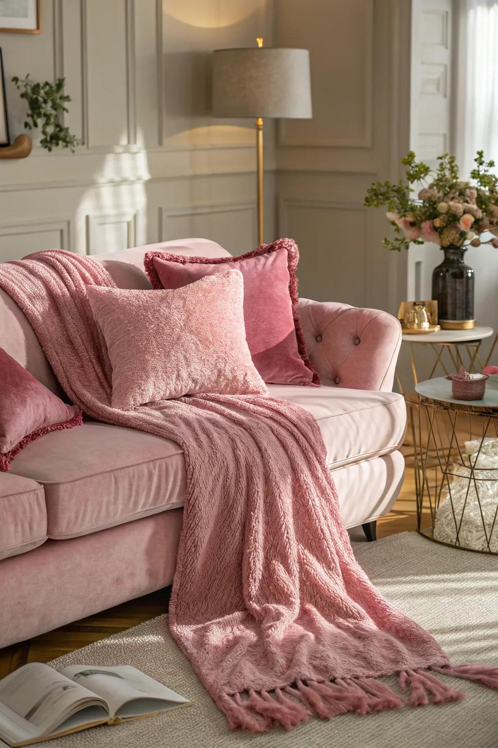 Plush roseate textures introduce warmth and refinement to the living room.