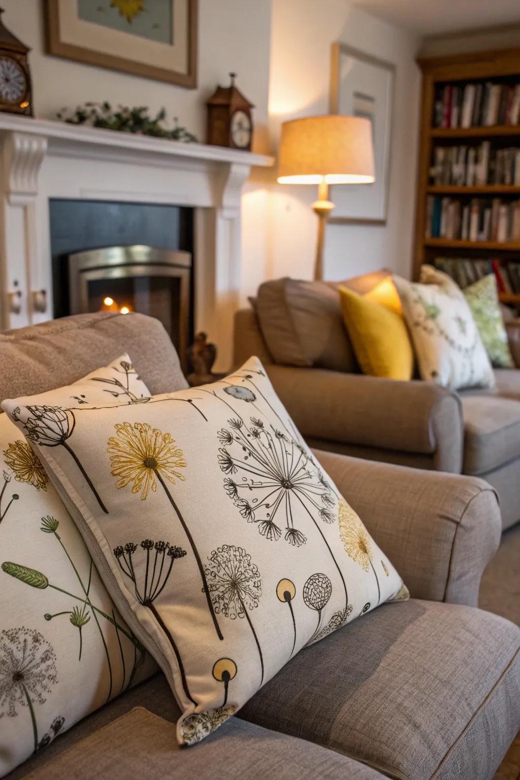 Whimsical fleabane cushions contribute playfulness to any room.