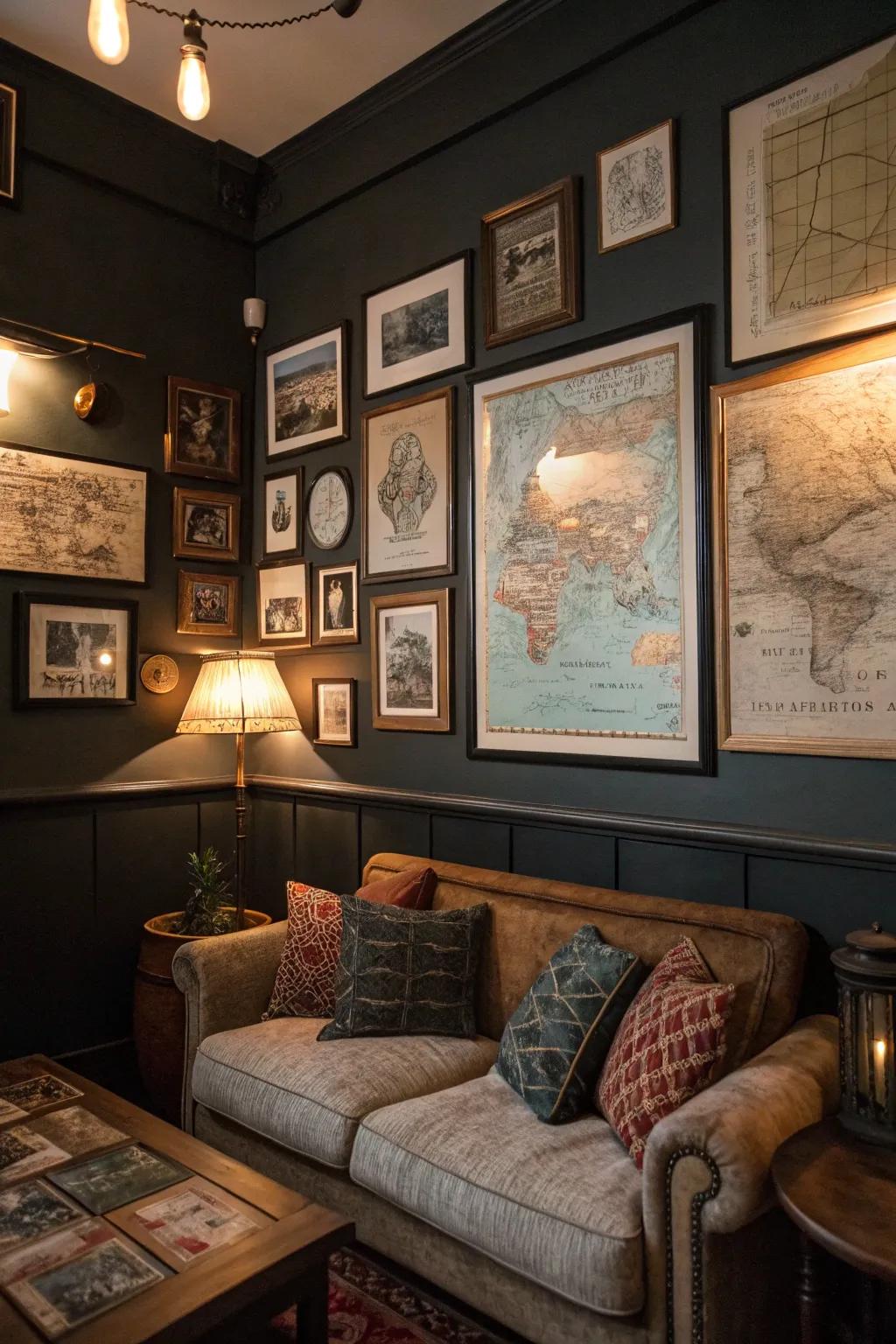 Vintage art pieces add dimension and personality to the decor.
