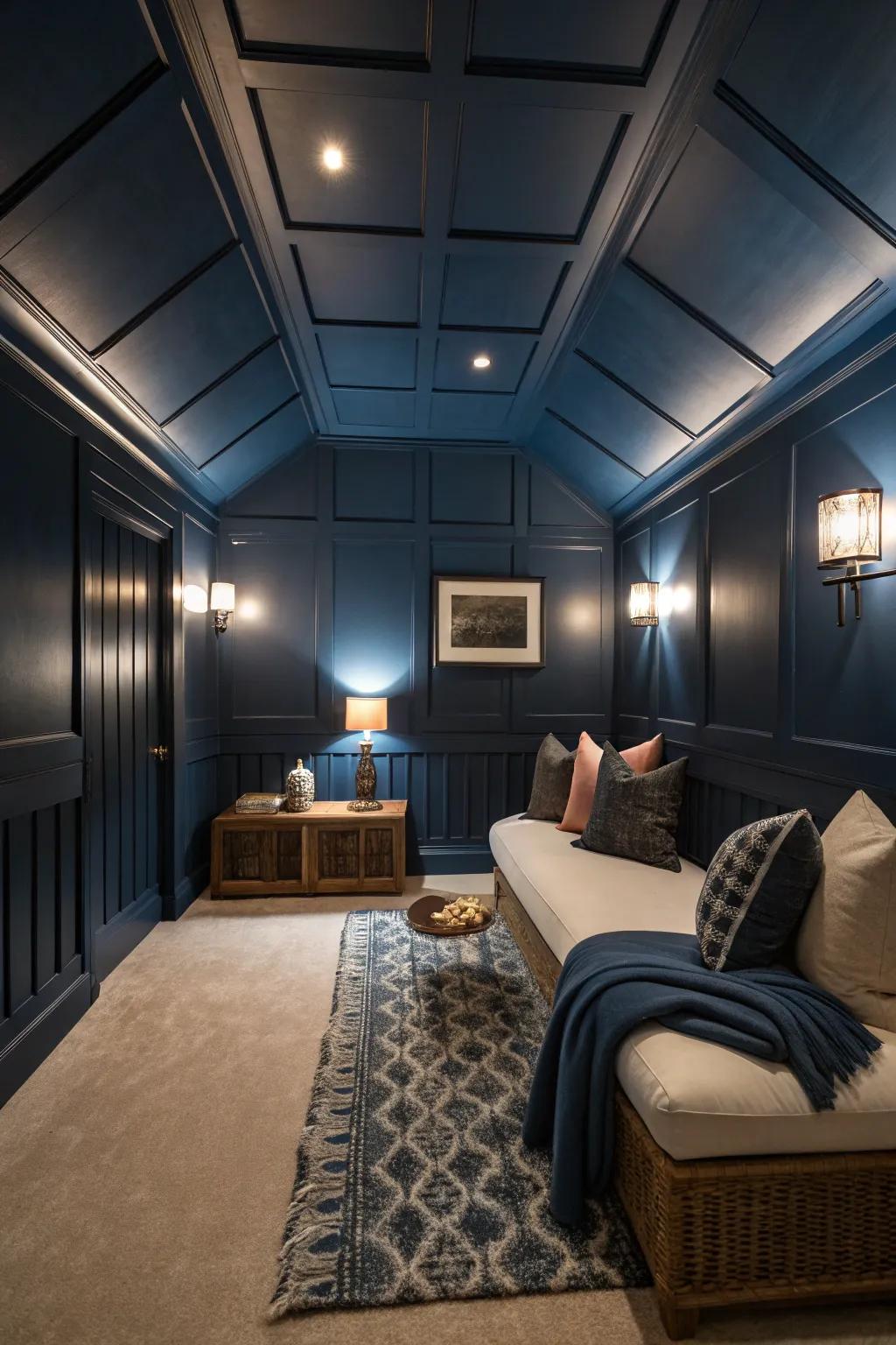 A daring aesthetic featuring a unified deep azure ceiling and walls.