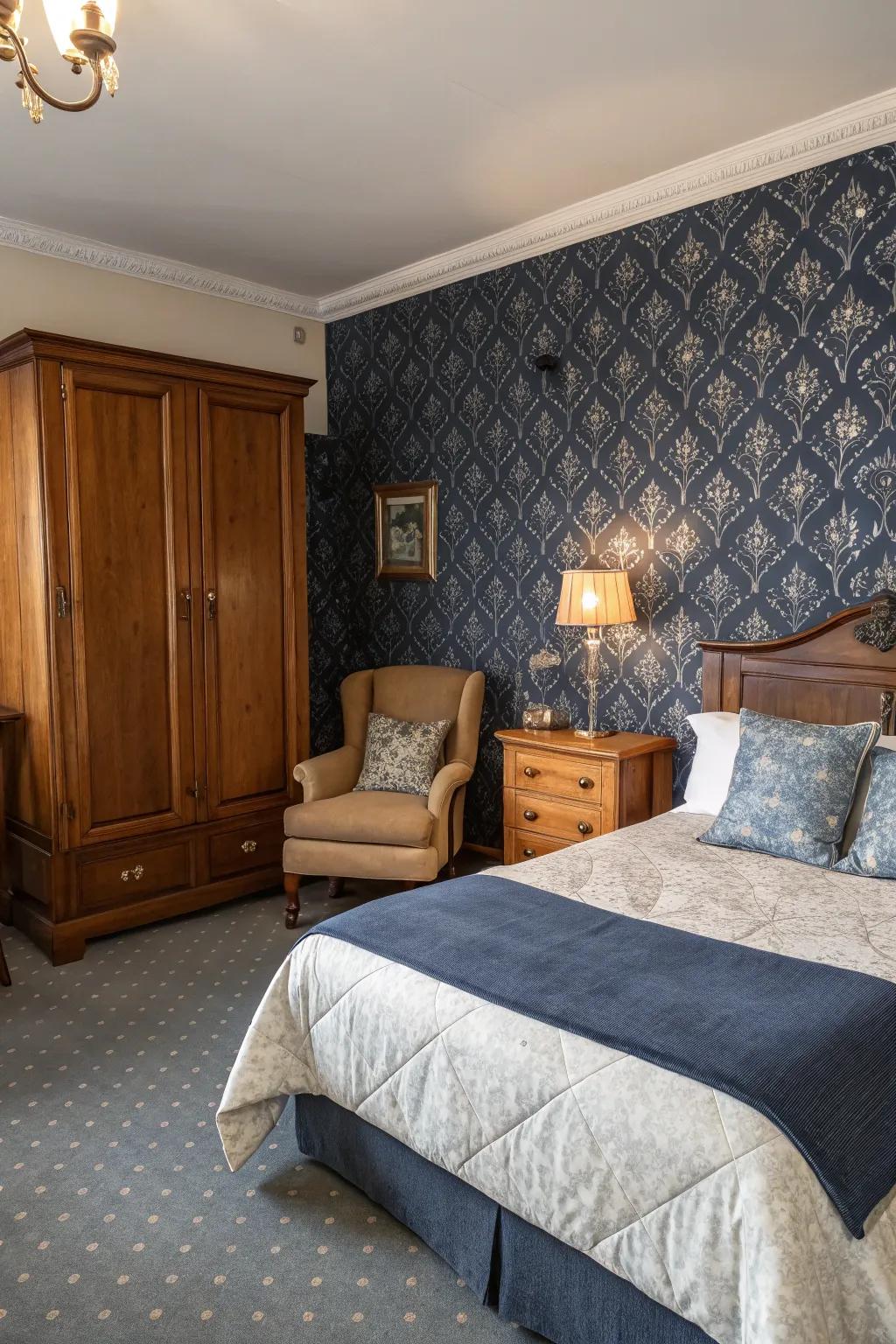Craft a nostalgic ambiance with classic deep blue wall covering.
