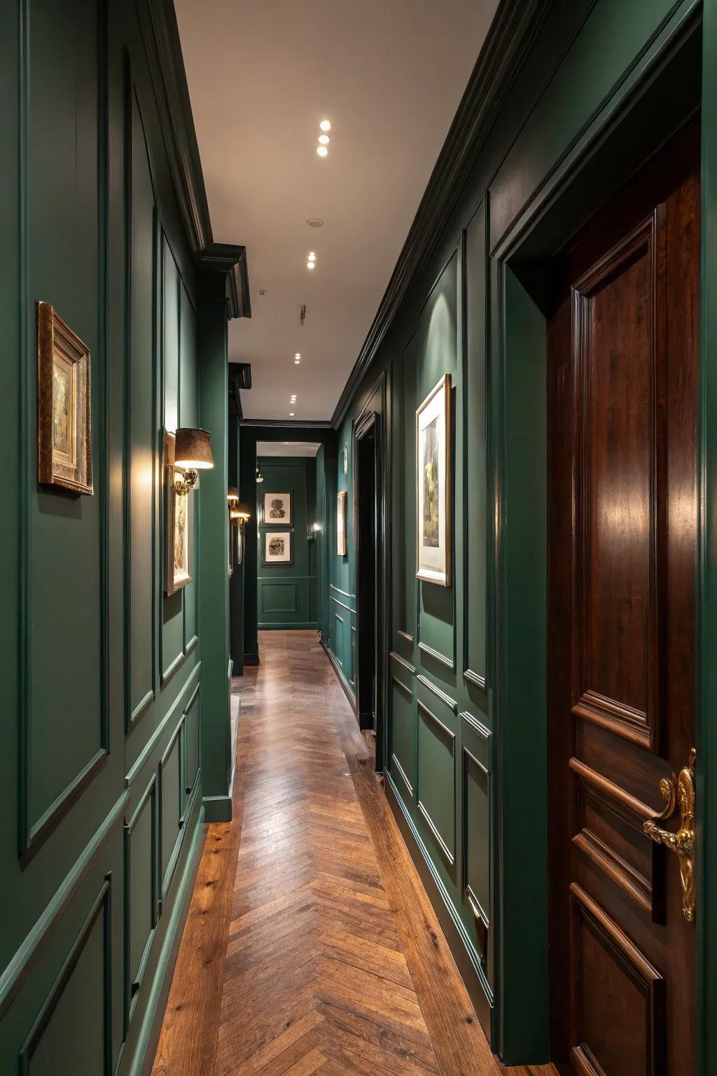 Wooden floors add warmth to the dark green hallway.