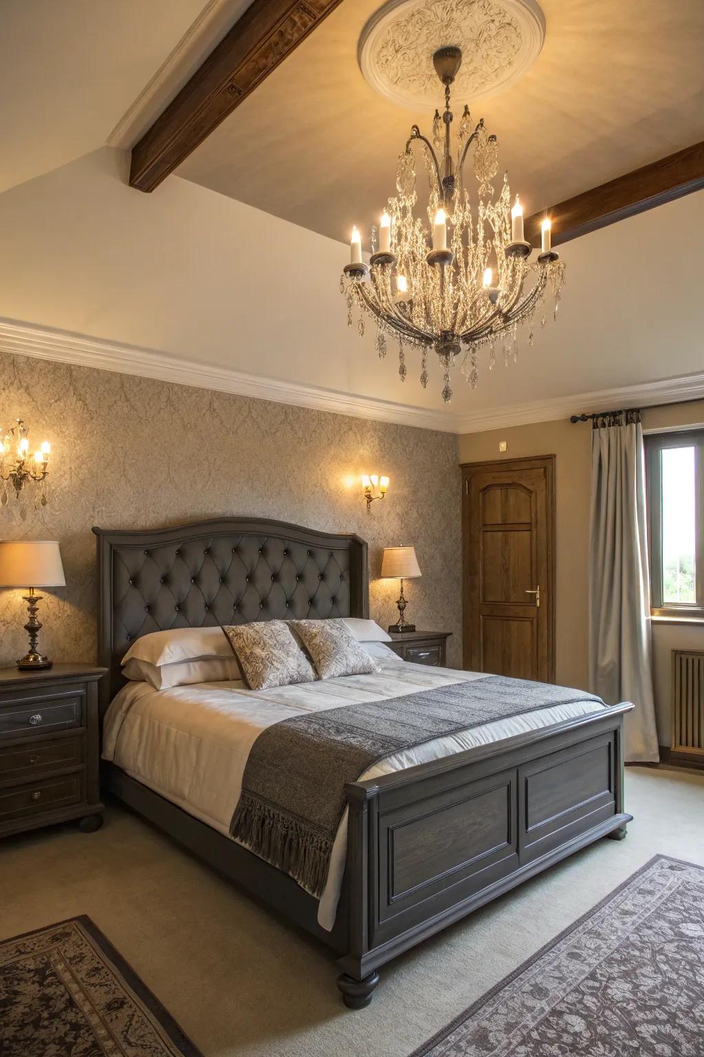 A deep charcoal bed frame is illuminated by elegant lighting in this bedroom.