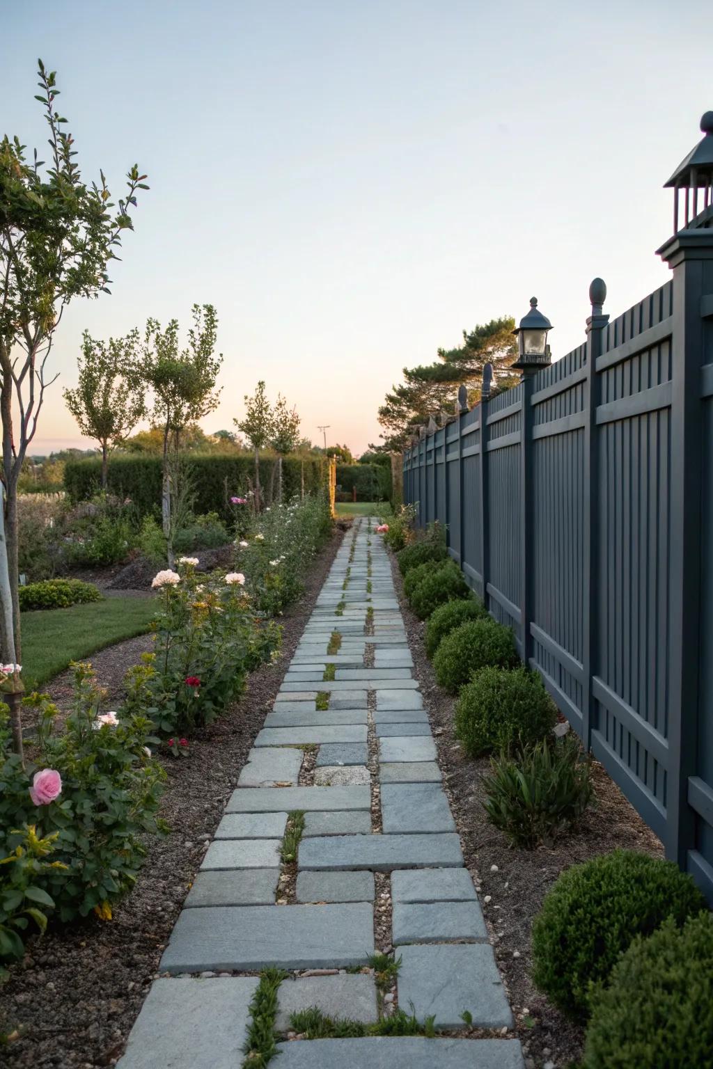 An elegant garden lane lined by a deep charcoal barrier and petite shrubs.