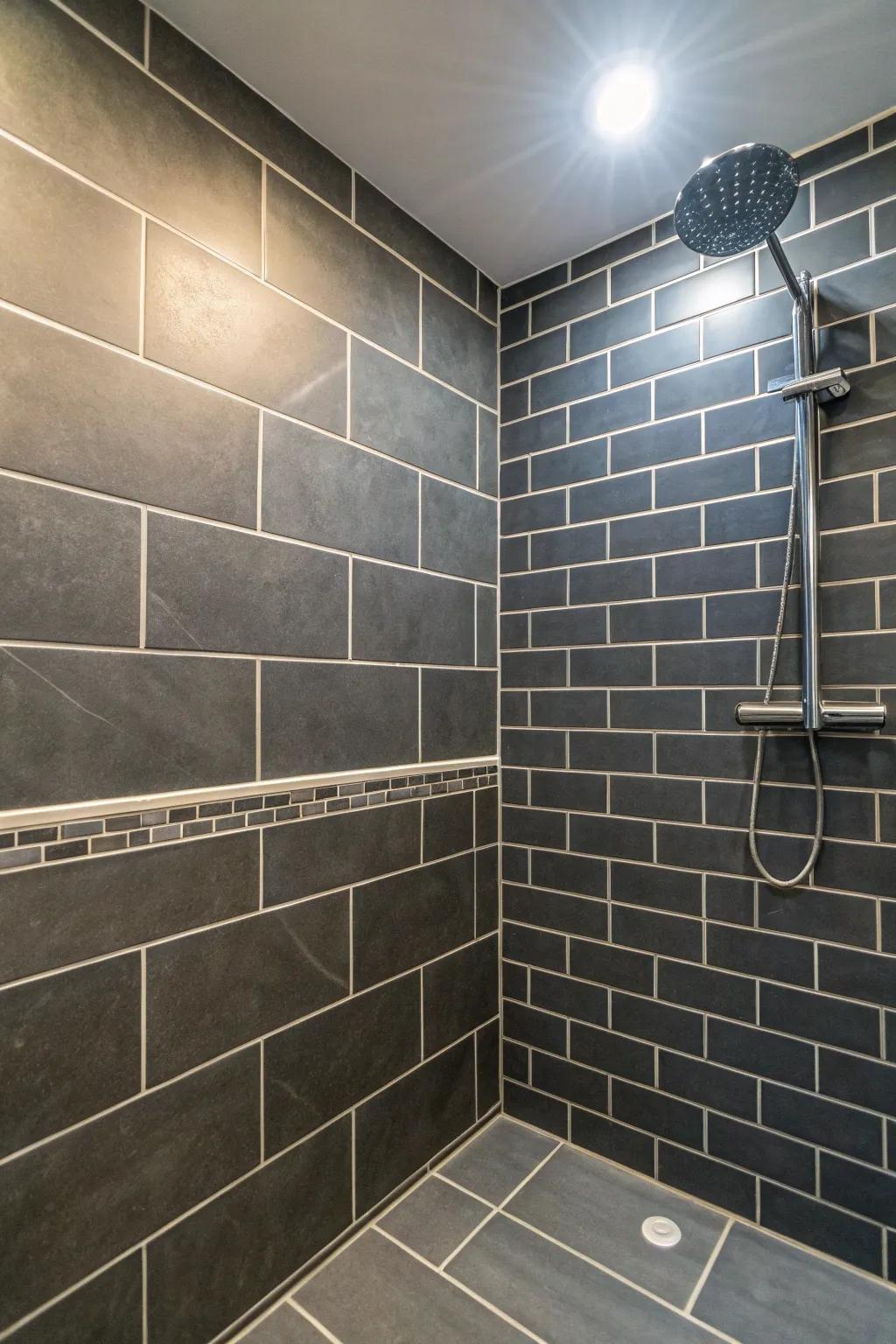 The detailed patterns of charcoal tiles are highlighted by bright grout.