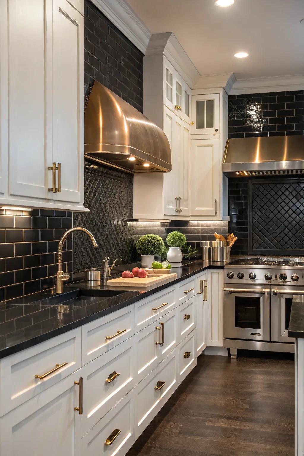 A kitchen featuring a dark backsplash enhanced by metallic accents.