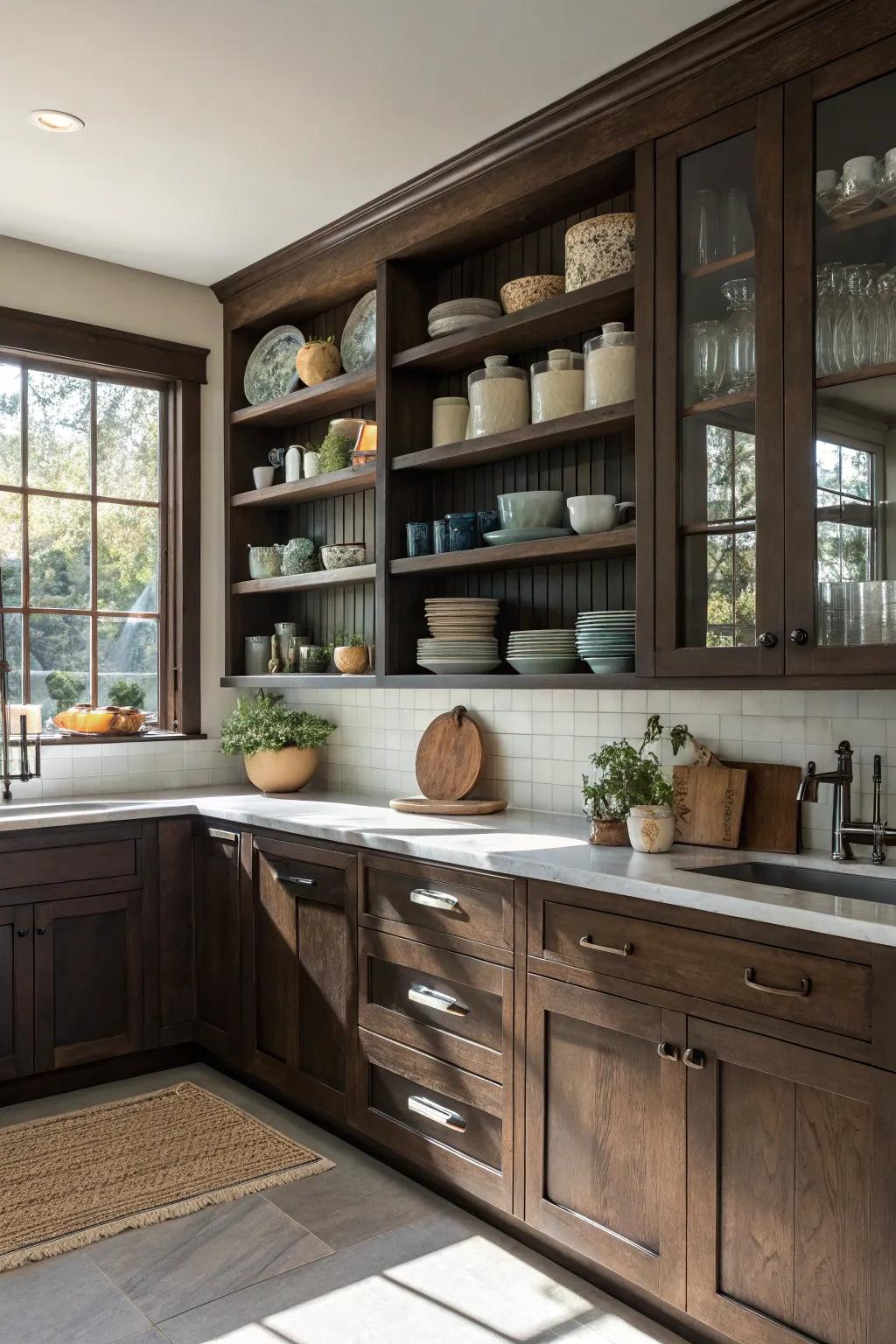 Open display shelves enhance deep-toned cabinets, introducing a blend of functionality and flair.
