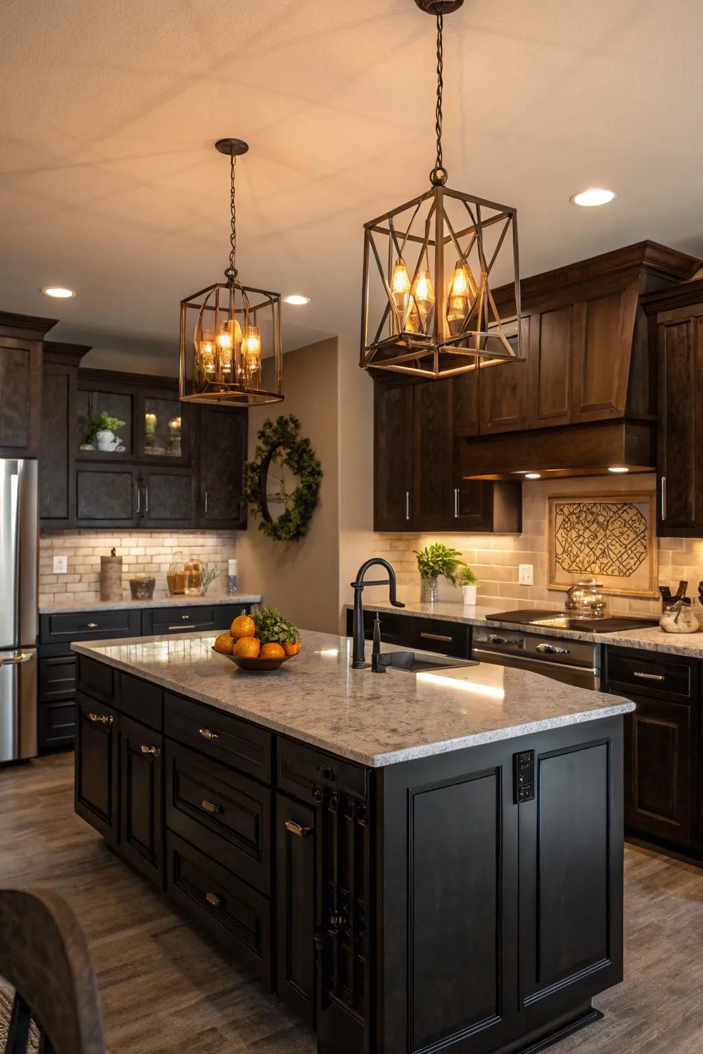 Warm pendant lighting beautifully highlights the kitchen's dark elements.