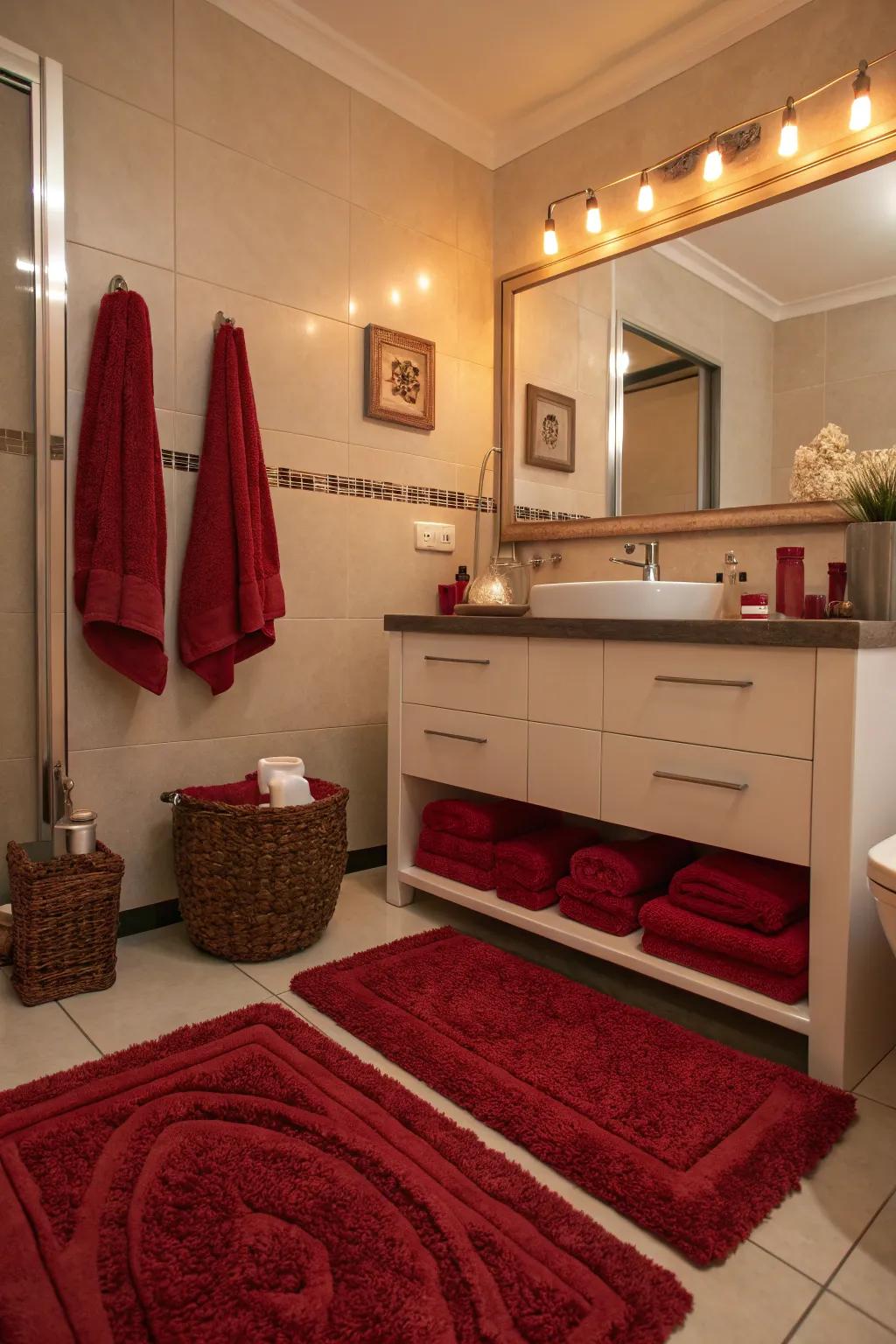 Luxurious red fabrics enhance the warmth and comfort of your bathroom.
