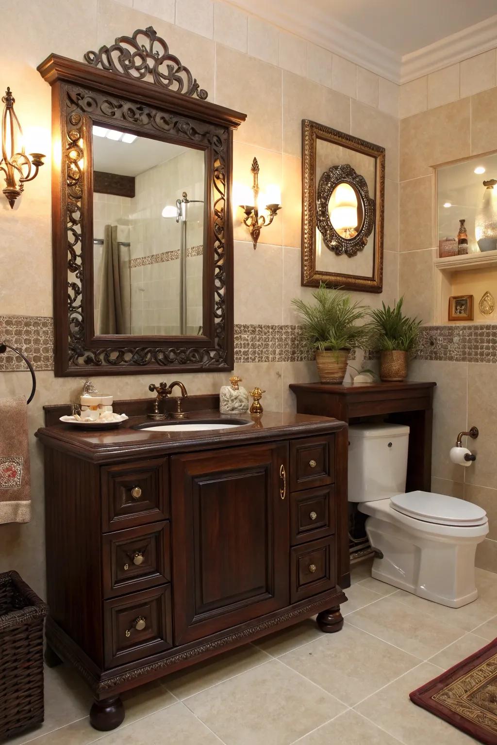 Decorative accents infuse personality into this dark wood-themed bathroom.