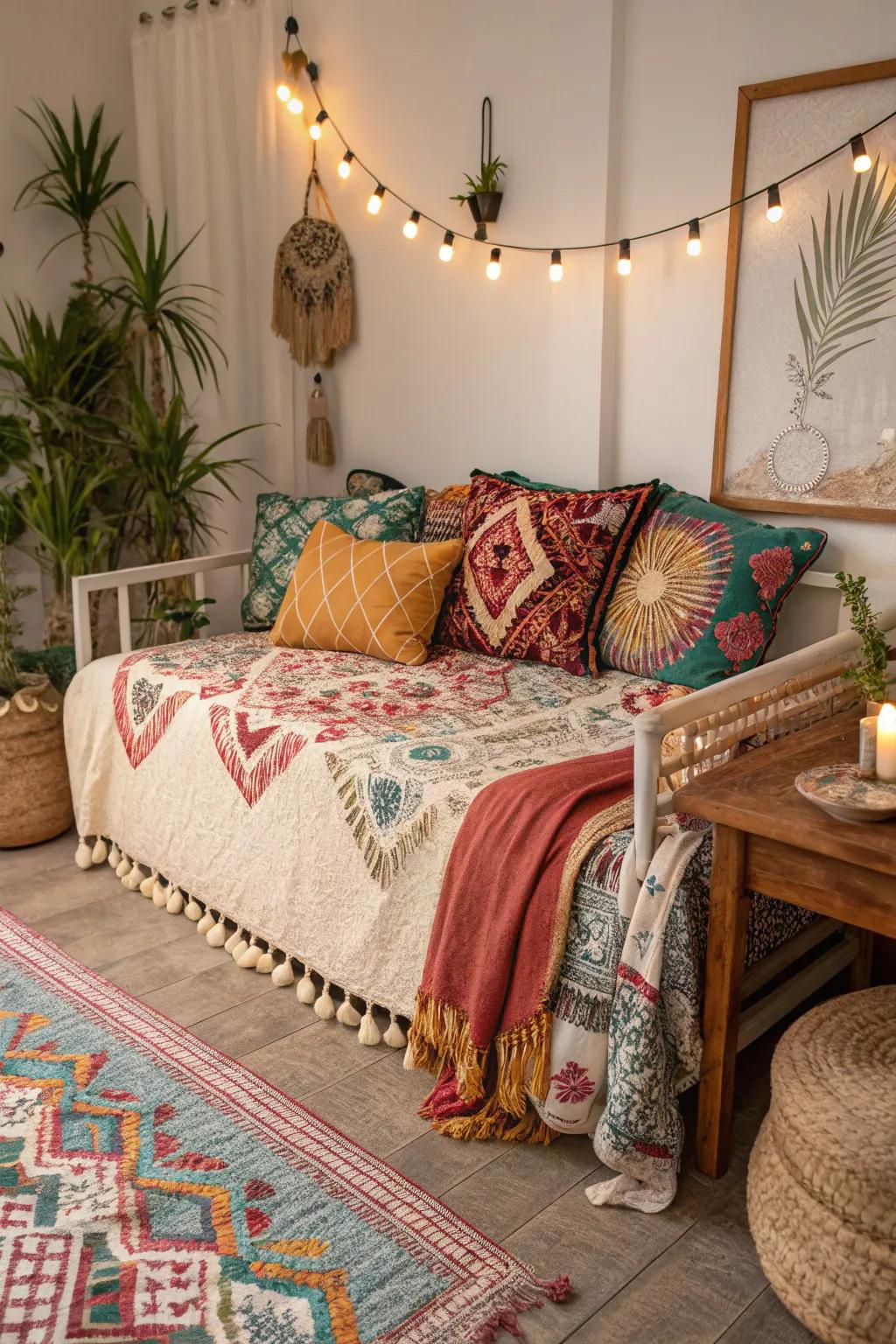 Daybed featuring bohemian fabrics and patterns