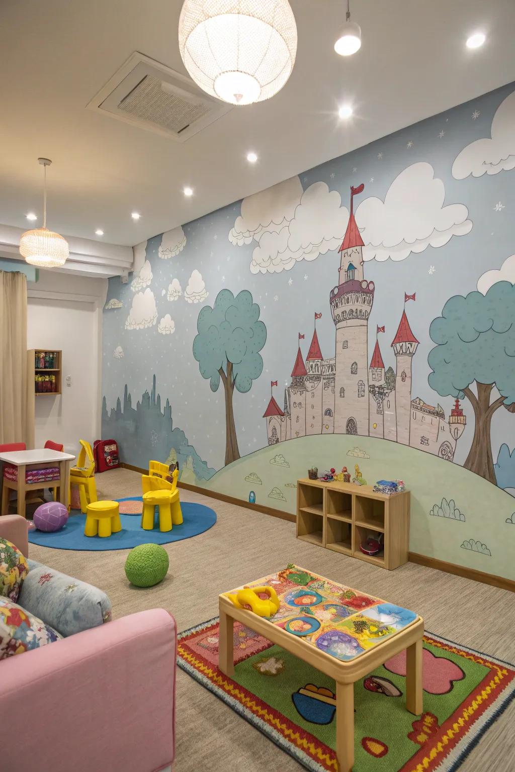 A daycare area turned into a fairytale using fantasy-themed wallpaper.