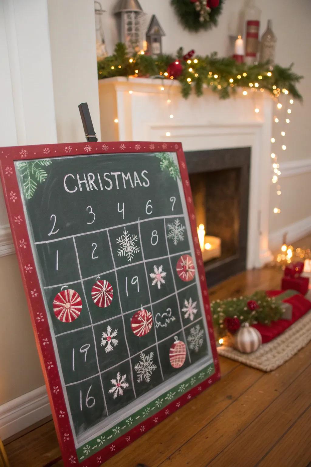 A classic Christmas-themed chalkboard calendar featuring scarlet and verdant hues.