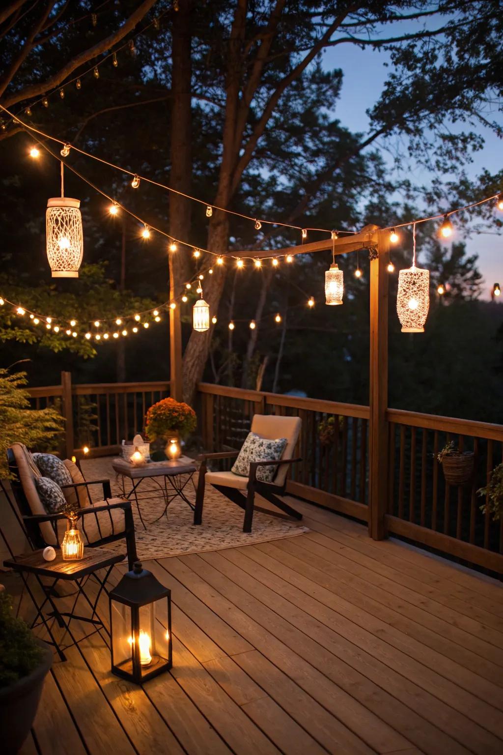 Soft lighting casts a magical glow over this deck, perfect for evening relaxation.