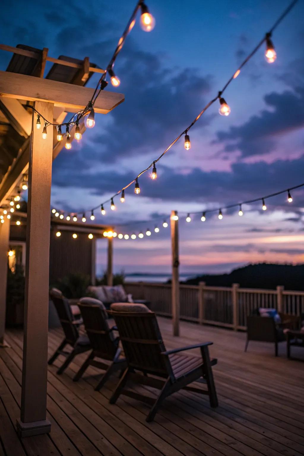 Fairy lights cast a hint of magic over this intimate deck area.