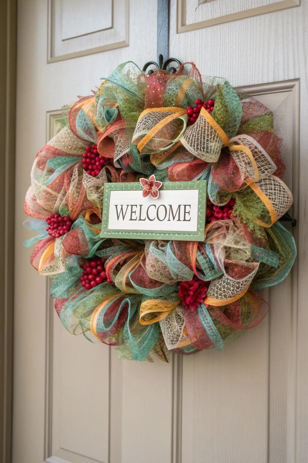 A welcoming sign adds a personal touch to this fall wreath.