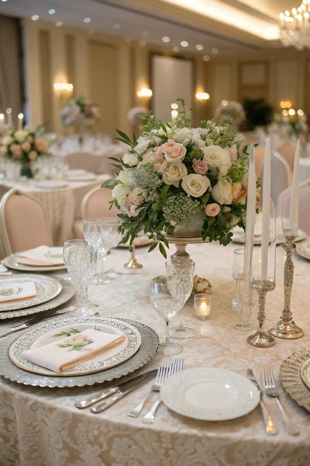 An elegantly arranged table with elaborate centerpieces at a ceremony.