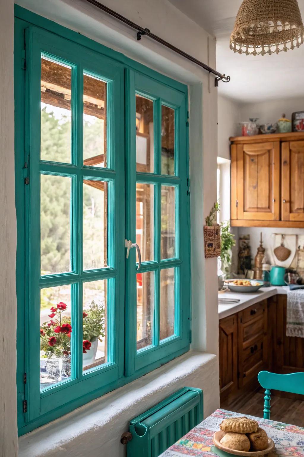 Vibrant aqua window frames add a splash of color and personality.