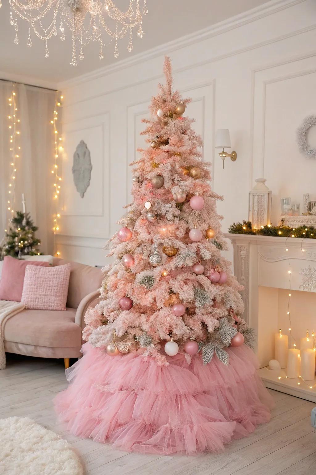A refined tree foundation enveloped with a fluffy tulle skirt.