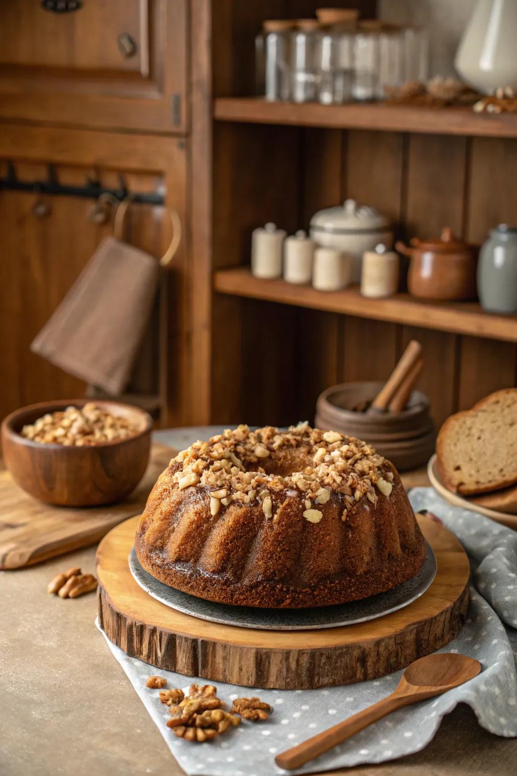 A bundt cake crowned with crunchy, flavorful nuts.