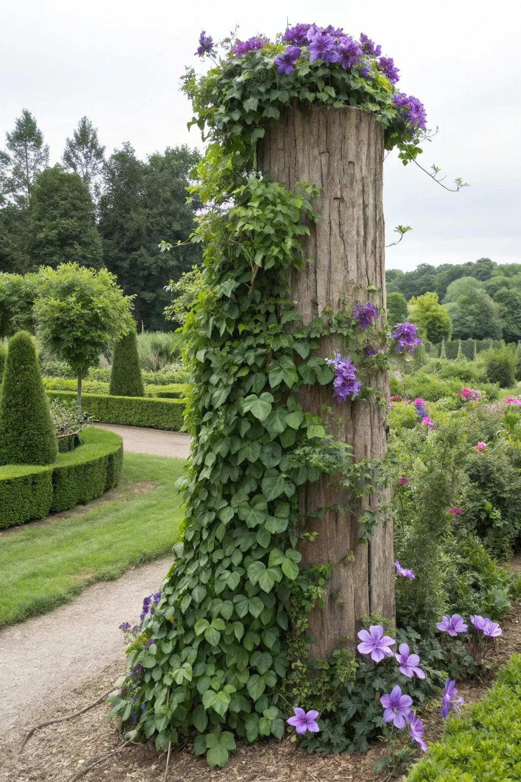 Cultivate a living wall with climbing plants cascading over a tree stump.