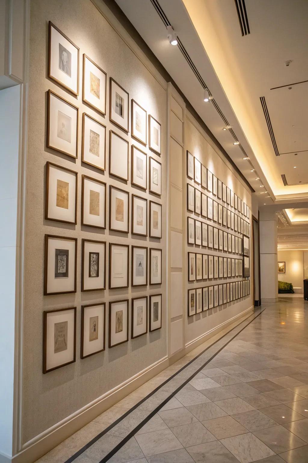 A symmetrical grid layout of frames delivers a polished and sophisticated decorative style.
