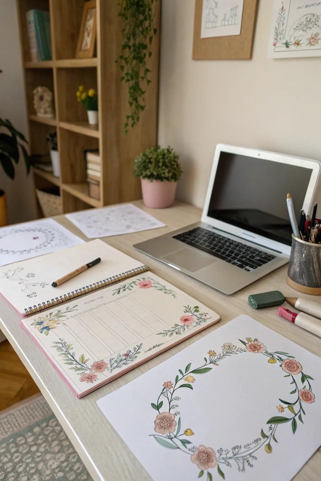 Home office desk with papers featuring floral border drawings.