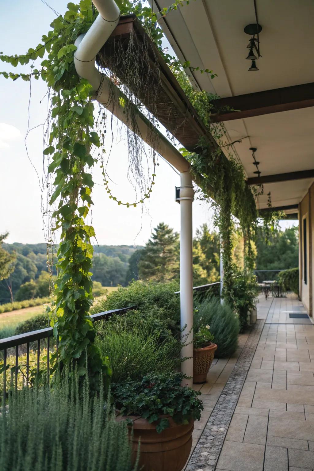 Climbers and greens help pipes disappear into nature.
