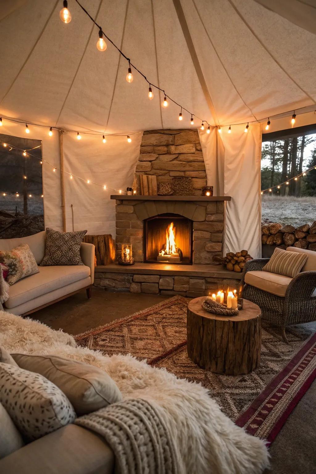 A den centered around a warm, inviting fireplace.