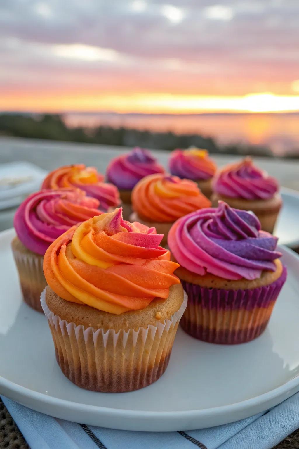 Mini-cakes with dusk tinted frosting in blends of orange, pink, and purple.