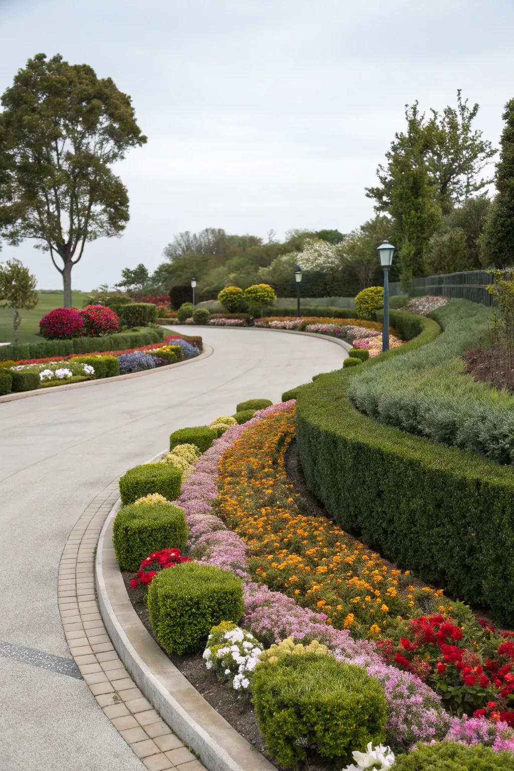 Floral borders transform this driveway into a fragrant, colorful passage.