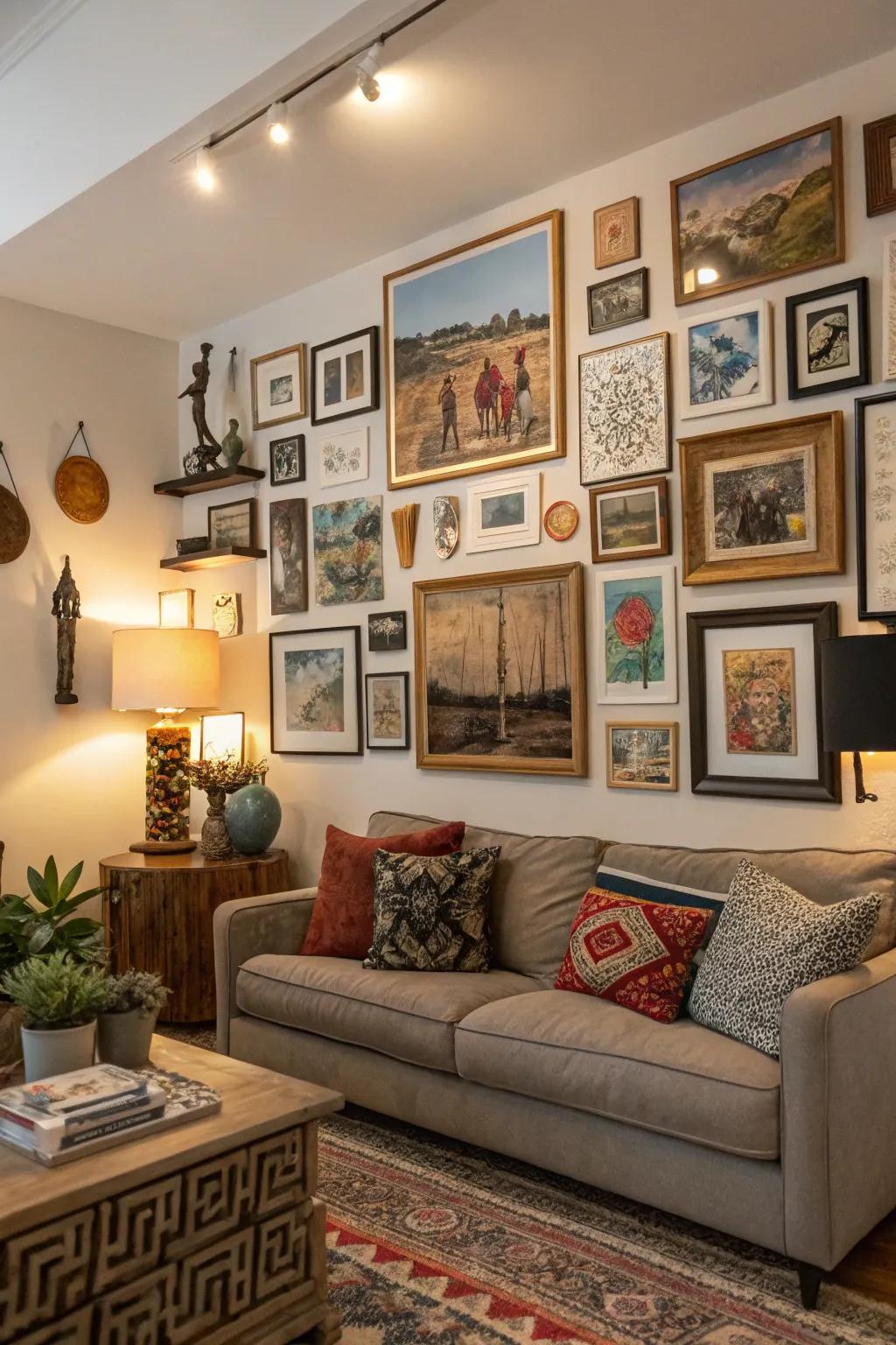 An artistic gallery wall that enriches the space with personality and charm.