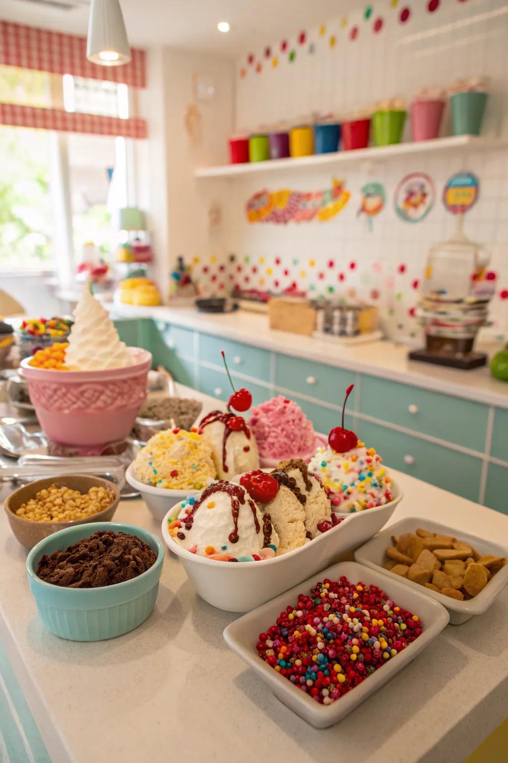 An interactive ice cream sundae assembly point for sweet delight.