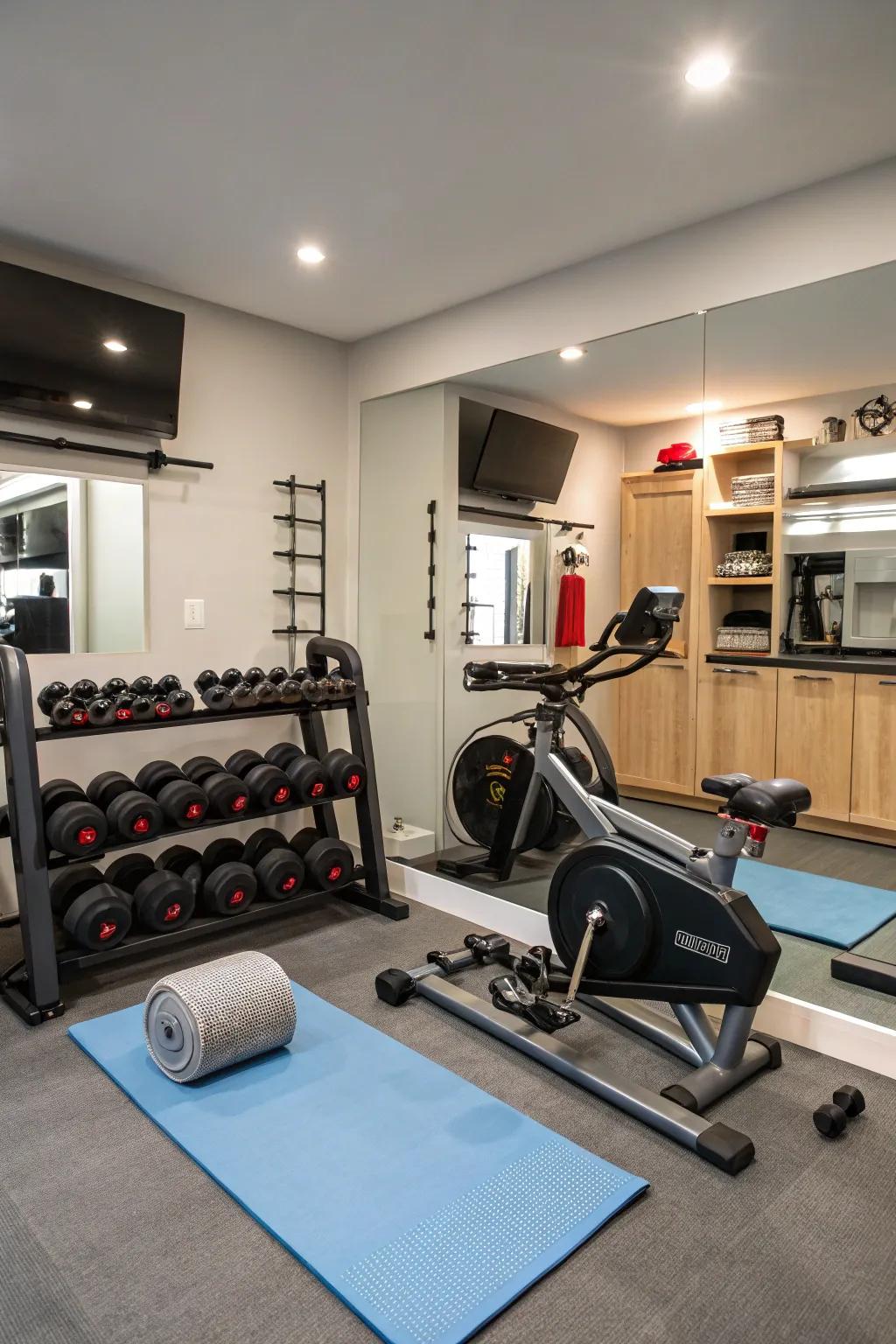 A home gym featuring different kinds of exercise equipment for a full workout.