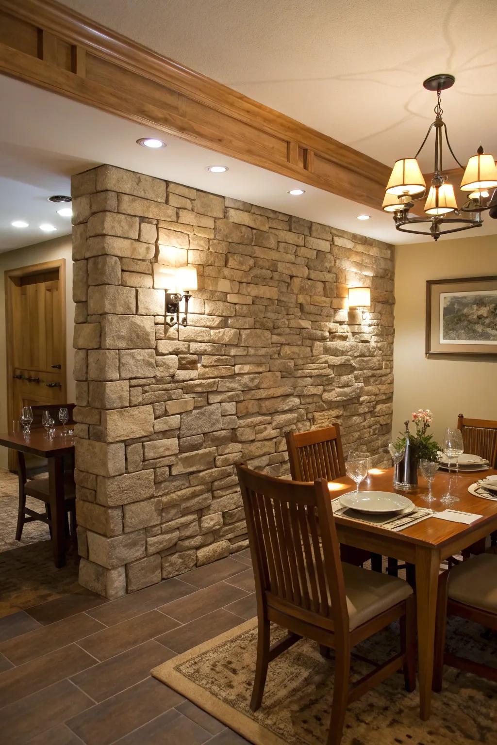Stone veneer brings a rustic, textured elegance to your dining area.