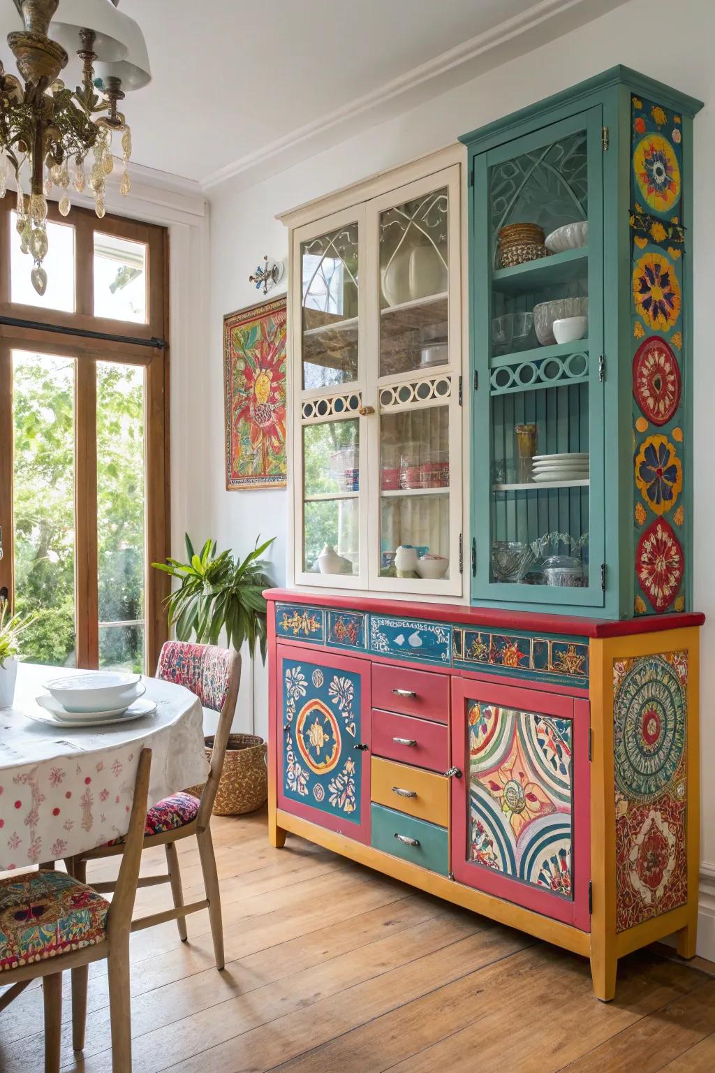 Eclectic colorful cabinets bring life and vibrancy to the dining room.