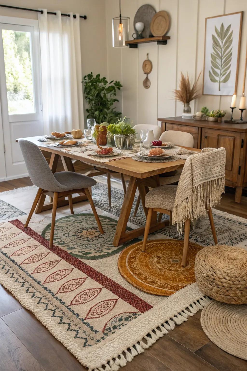 Create depth with layered rugs.