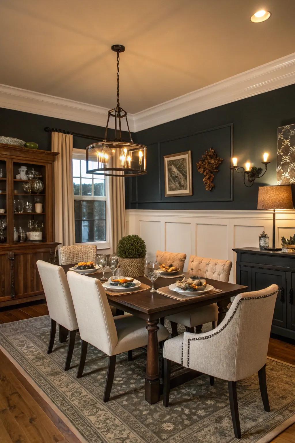 Dark paint above the chair rail creates an intimate dining ambiance.