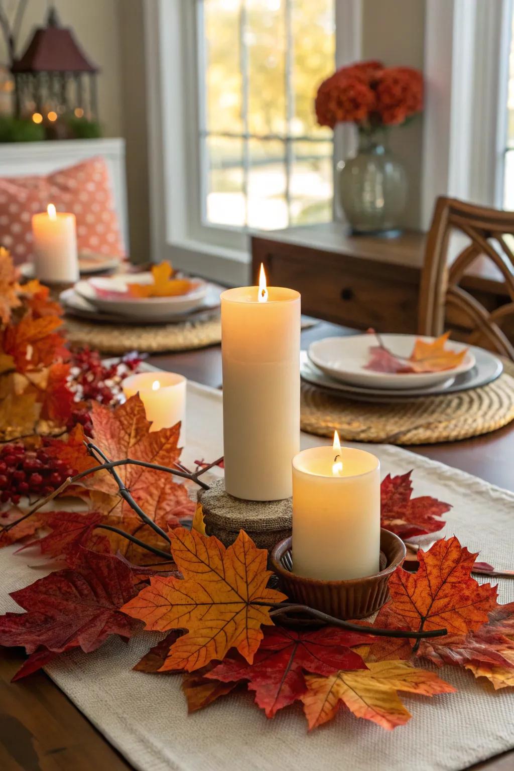 A dining table dressed up with seasonal fall leaves.