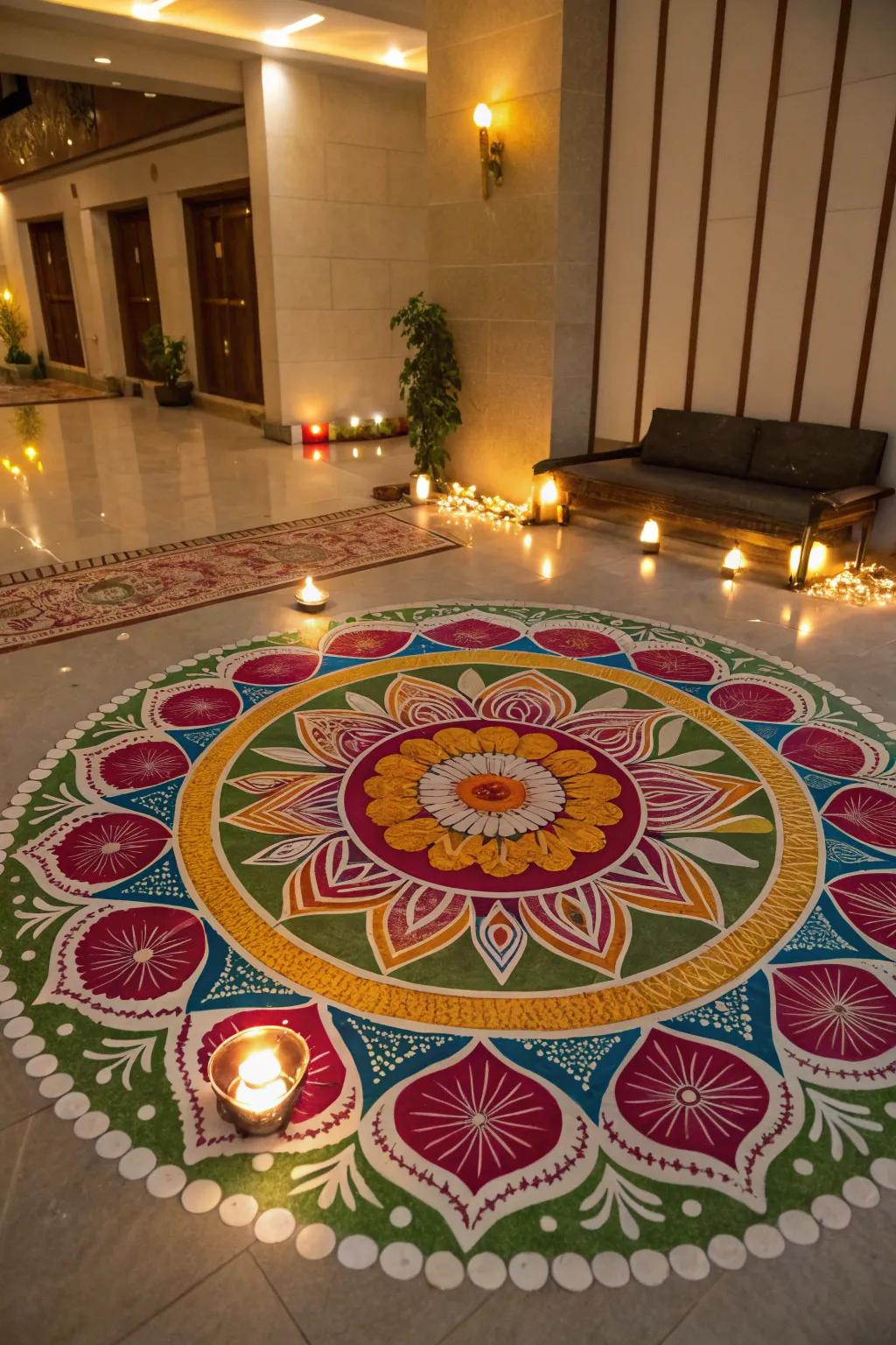 A striking floor design that introduces color and inventiveness.