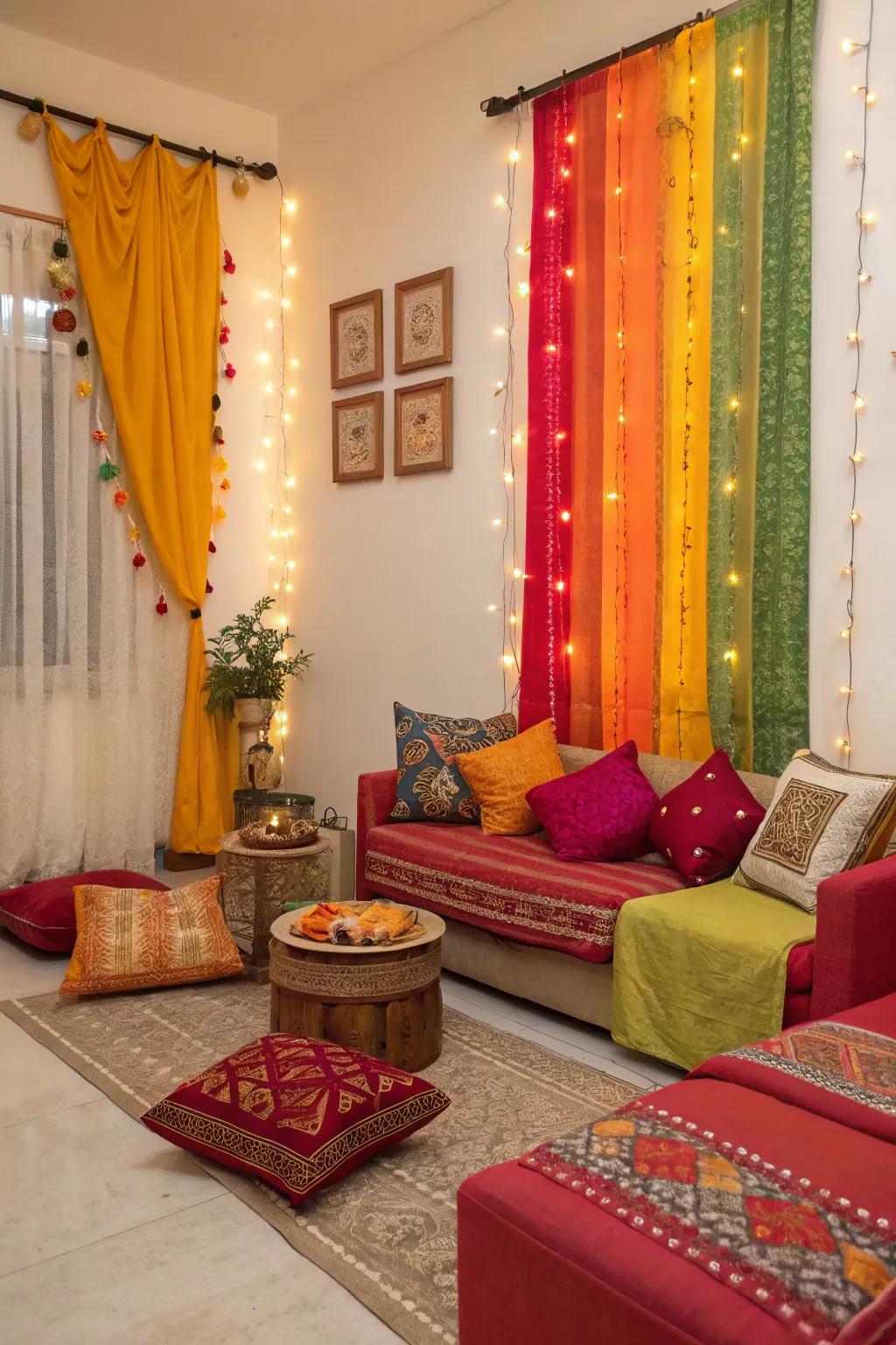 Colorful cushions and drapes create a celebratory transformation.
