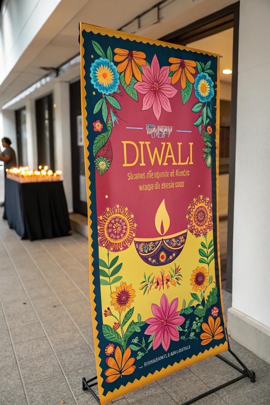 A lively Diwali poster with floral motifs and vibrant colors.