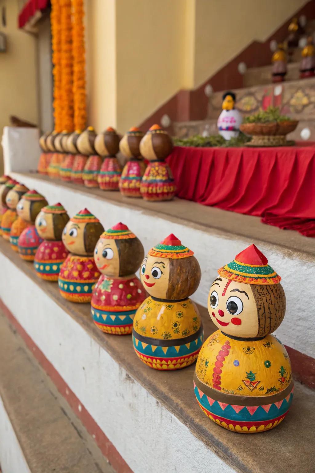 Figurines fashioned from coconut husks contribute an environmentally sound elegance to Golu.