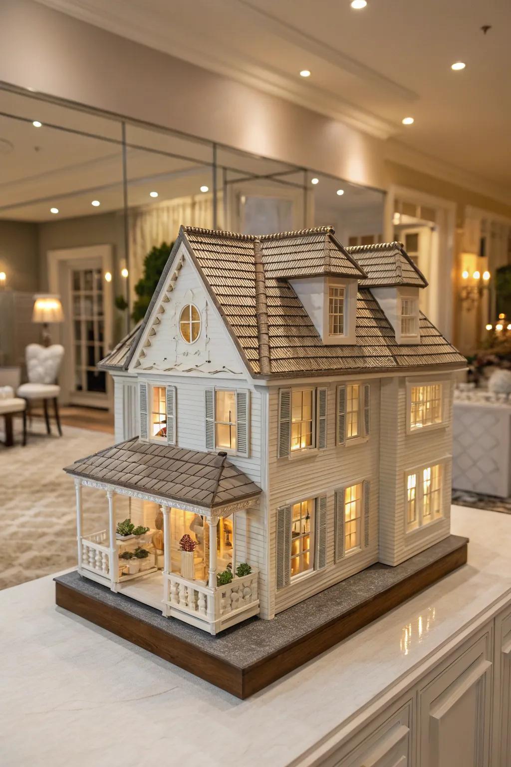 A rooftop design contributes realism to a dollhouse display.